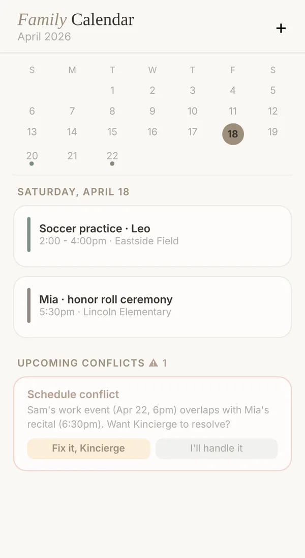 The Kincierge family calendar flagging a conflict