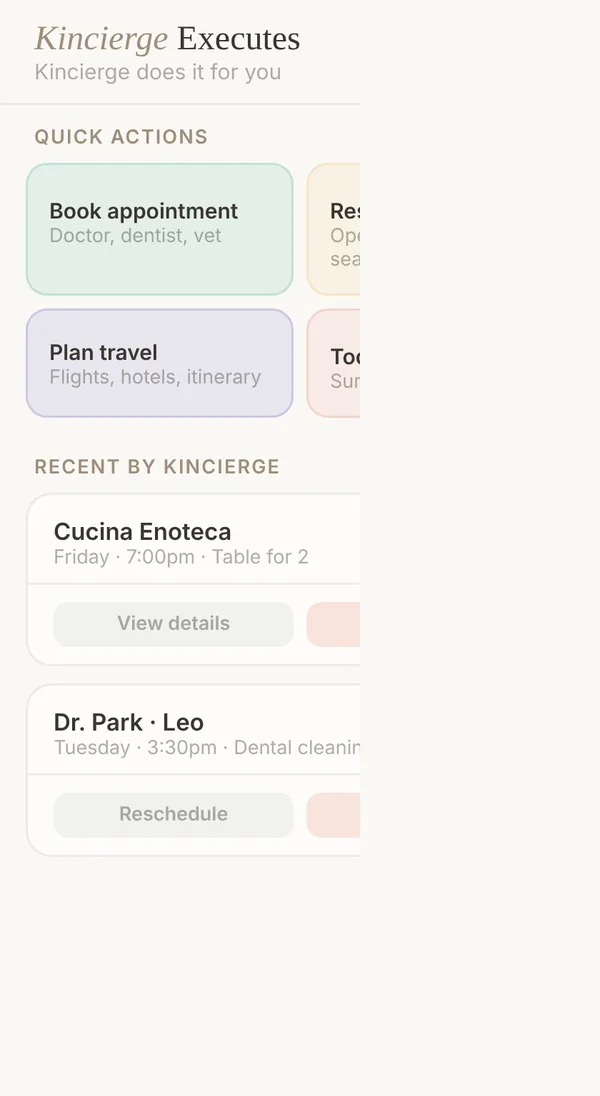 Kincierge quick actions for booking and planning