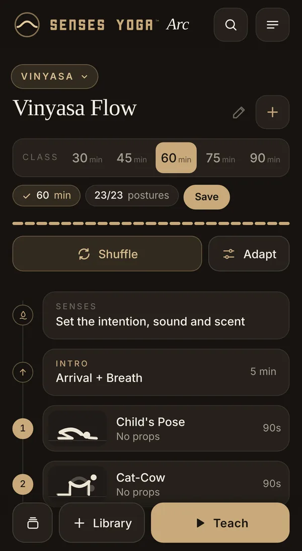 Arc class builder showing a 60 minute Vinyasa flow